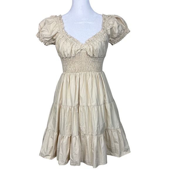 Princess Polly Dresses & Skirts - Princess Polly Mini Dress Womens 4 Cream Smocked Tiered Puff Sleeve Cottagecore